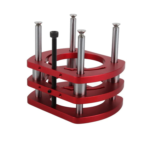 Knockout Quality Aluminum Alloy Router Lift Base And Precision Router Table Lifting System Kit featuring sturdy red aluminum construction and smooth height adjustment.