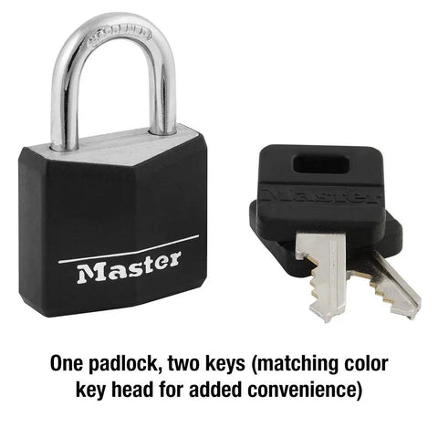 1-3/16 Inch Wide Covered Aluminum Keyed Padlock In Black With Vinyl Cover, two matching keys included