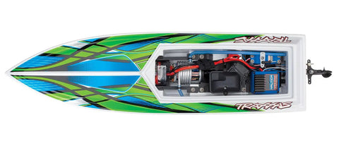 Top view of Green Ready To Run RC Blast Boat with Deep V Hull and Water Cooling, showing internal electronics, Model 38104 8 GRN.