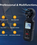 3 In 1 Handheld Wind Meter With Backlight, Ultra Accurate Wind Speed And Temperature Readouts With Beaufort Scale, Perfect For HVAC Pros, Sailing, Fishing, Outdoor Adventures, And Indoor Or Outdoor Use. Black handheld anemometer with LCD and fan.