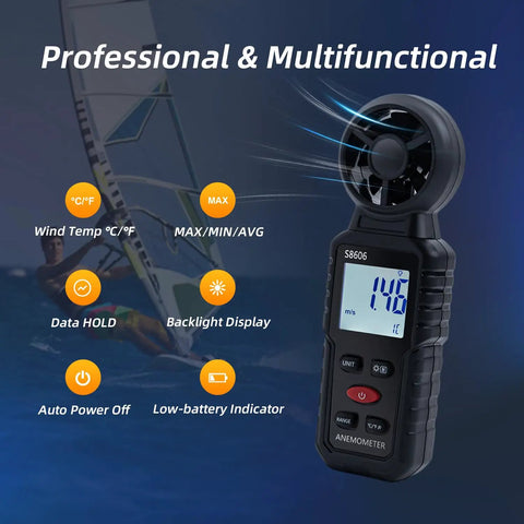 3 In 1 Handheld Wind Meter With Backlight, Ultra Accurate Wind Speed And Temperature Readouts With Beaufort Scale, Perfect For HVAC Pros, Sailing, Fishing, Outdoor Adventures, And Indoor Or Outdoor Use. Black handheld anemometer with LCD and fan.