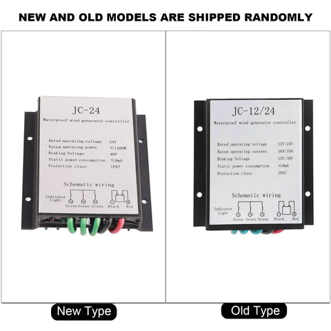 Comparison of new and old models of JC-24 waterproof wind generator controllers with voltage and wiring specifications
