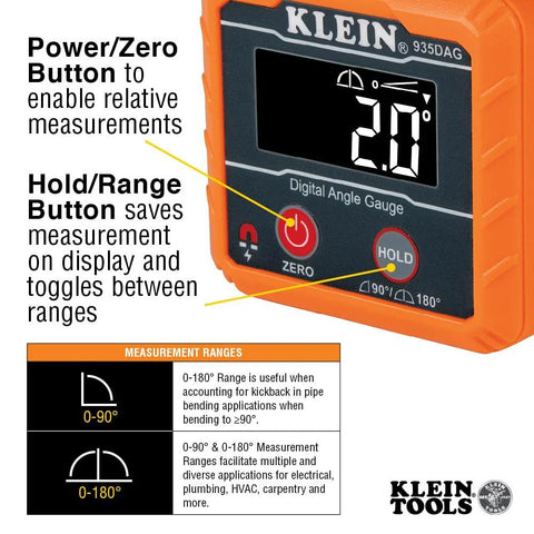 Klein Tools 935DAG digital angle gauge with orange housing, LCD display, zero and hold buttons