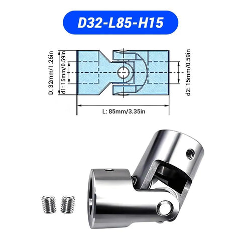 15mm To 15mm Universal Joint Coupling 304 Stainless Steel Rotatable U Joint Shaft DIY Model RC Car Robot Built Tough With High Torque Capacity And Low Backlash 32mm Diameter 85mm Length Corrosion Resistant Motor Connector with dimensional diagram.