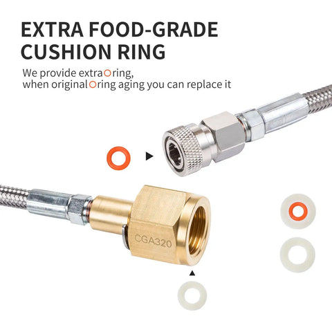 Close-up of CO2 Tank Direct Adapter With 60 Inch Stainless Steel Hose CGA320 To TR21-4, showing connectors and extra O-rings.