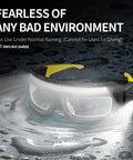 Rechargeable LED Lighted Glasses With Motion Sensor And Touch Control Five Mode Hands Free Headlight Eyewear For Night Running Camping And Cycling USB C Trail Ready Glasses Built Different And Shine Bright with water droplets.