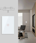 Modern Tempered Glass Wall Switch 3 Way Touch Panel With LED Indicator No Neutral Wire Required Single Live Wire Easy Install Retrofit Ready For Older Homes White 1 Gang 3 Way wall switch in modern living room