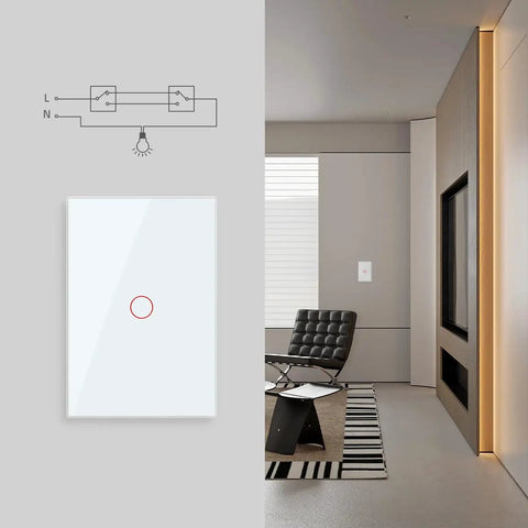 Modern Tempered Glass Wall Switch 3 Way Touch Panel With LED Indicator No Neutral Wire Required Single Live Wire Easy Install Retrofit Ready For Older Homes White 1 Gang 3 Way wall switch in modern living room