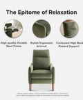 Front view of Arthur Recliner Chair With 3 Position Recline Olive Green Velvet High Back Padded Support Mid Century Modern Reading Chair Accent Sleeper Armchair For Living Room Cozy Lounge Chill Out Kick Back Naps Daydreams, highlighting ergonomic design and durable frame.