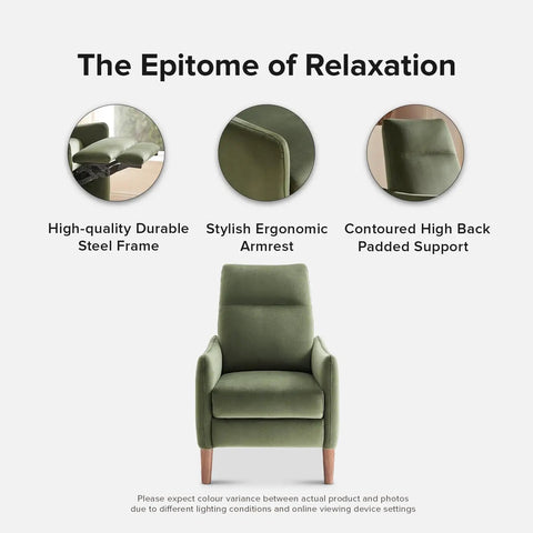 Front view of Arthur Recliner Chair With 3 Position Recline Olive Green Velvet High Back Padded Support Mid Century Modern Reading Chair Accent Sleeper Armchair For Living Room Cozy Lounge Chill Out Kick Back Naps Daydreams, highlighting ergonomic design and durable frame.