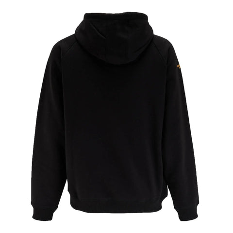 Back view of Men's Carrier Hoodie Black Pullover Sweatshirt With Front Pockets, Durable PolyCotton Blend, Ribbed Hem And Cuffs For A Secure Fit