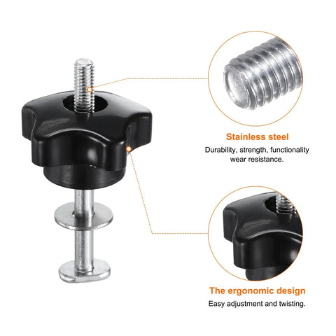 Close-up of Hardcore 5 Piece T Track Bolt And Clamping Knob Set featuring black ergonomic star knob and stainless steel hardware.