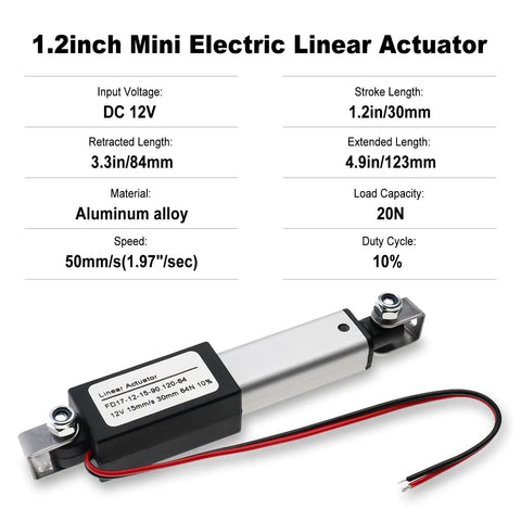 1.2 inch Mini Electric Linear Actuator, DC 12V, aluminum, with specifications for stroke, speed, load, and cycle, shown with wires