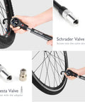High Pressure MTB Tire And Shock Pump 300 PSI with dial gauge, Schrader and Presta valve adapters shown in use on bike tire.