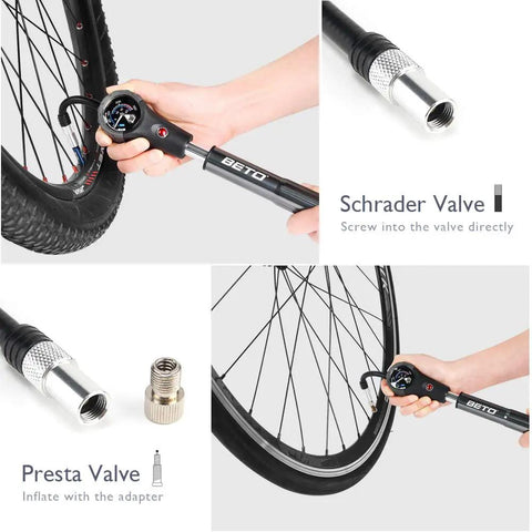 High Pressure MTB Tire And Shock Pump 300 PSI with dial gauge, Schrader and Presta valve adapters shown in use on bike tire.