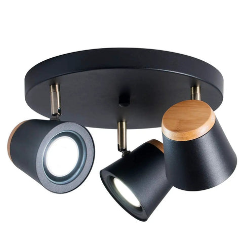 Three Light Directional Spotlight Track Lighting Kit In Matte Black And Natural Wood Finish Semi Flush Mount Adjustable Heads