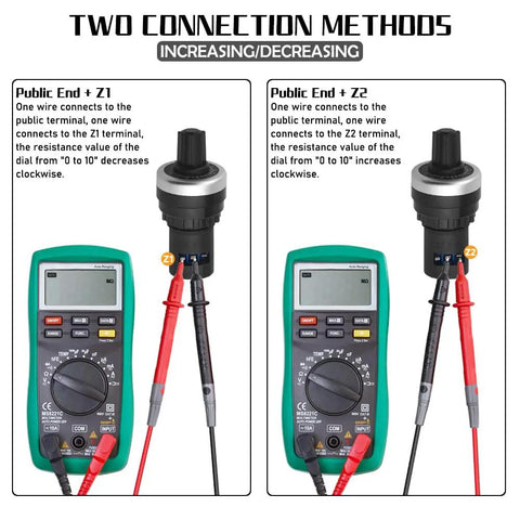 Diagram showing two connection methods for LA42DWQ-22 22mm 10K Ohm Rotary Potentiometer, featuring public end Z1 and Z2 with multimeters.