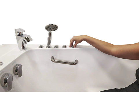 Roll Right Into Knockout Comfort With This 30X52 Wheelchair Accessible Transfer Walk In Tub featuring faucet and microbubble controls.