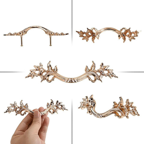 Pack Of 5 European Style Vintage Cabinet Handles And Drawer Pulls Antique Dresser Knob Set For Cupboards And Cabinets With Retro Charm Golden Finish And Included Mounting Screws Ideal For Cabinets Cupboards Dressers And Chests shown in various angles.