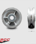 Top Shelf 4 Inch Semi Steel V Groove Caster Wheel With Half Inch Bore And Rock Solid 600 Lbs Rating viewed from front and side, showcasing metal construction.