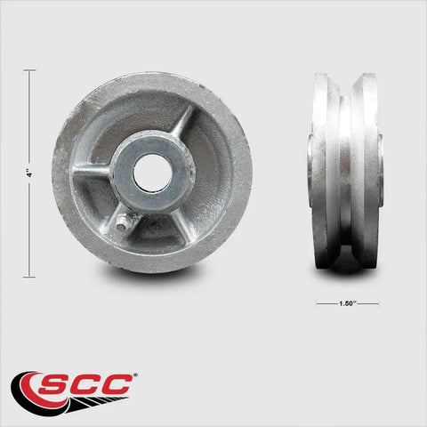 Top Shelf 4 Inch Semi Steel V Groove Caster Wheel With Half Inch Bore And Rock Solid 600 Lbs Rating viewed from front and side, showcasing metal construction.