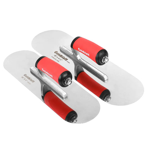Pro Grade Stainless Steel Pool Trowel Set With Soft Grip Handles And Finishing Trowels In 16 Inch By 4 Inch And 14 Inch By 4 Inch Sizes Lightweight Alloy Mounting Round End Rust Resistant displayed side by side.