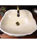Top Shelf Stone Vessel Bathroom Sink Ideal For Countertops Or Patios Featuring A Slick Smooth Bowl Interior And Rugged Outside Look That Is A Serious Space Upgrader, top view showing smooth texture and drain.