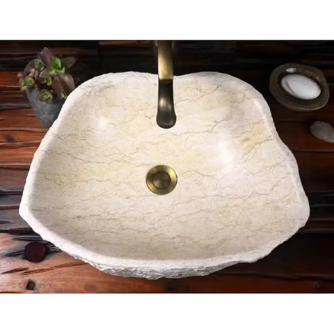 Top Shelf Stone Vessel Bathroom Sink Ideal For Countertops Or Patios Featuring A Slick Smooth Bowl Interior And Rugged Outside Look That Is A Serious Space Upgrader, top view showing smooth texture and drain.