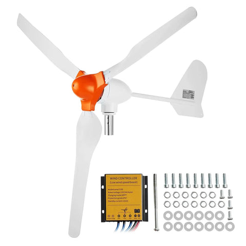 800W 12V Wind Turbine Kit with MPPT Controller, 3-blade generator for home, farm, RV, boat; includes mounting hardware and controller.