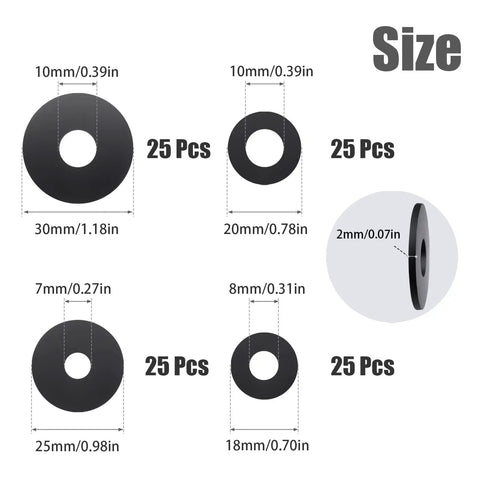 100 Piece Flat Rubber Washers Assortment Kit Heavy Duty Black Grommets Vibration Dampening Pads For Household Appliances Faucets Screws And Bolts Includes Four Sizes 18x8mm 20x10mm 25x7mm And 30x10mm 2mm Thick