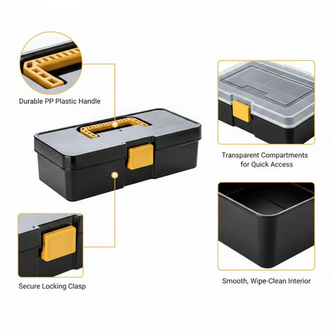 Straight Up Small Parts Organizer Bin With Stay Put Hinged Lid For Desk And Workspace Quick One Handed Access Keeps Daily Gear Visible And Tidy Without Digging Through Cluttered Drawers Ever Again, featuring durable PP plastic handle and secure locking clasp.