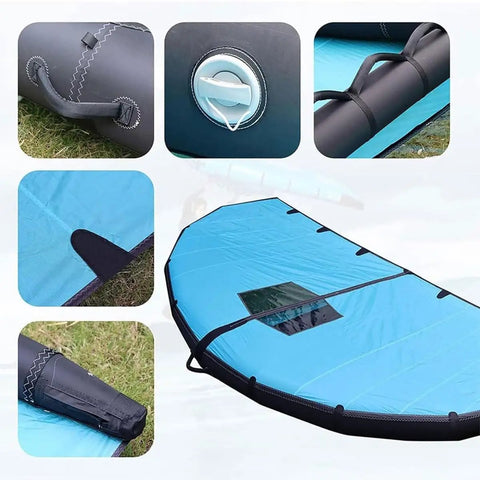 Inflatable Foil Wing For Wind Wing Foiling, 5m2 Handheld Wing With Window Design, showing details of blue fabric and valve.