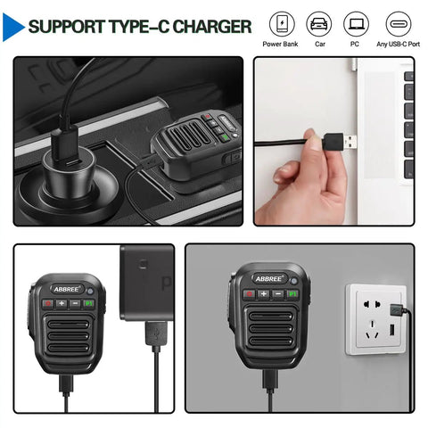 Waterproof Float Wireless Mic For Ham Radios 2 Pin Shoulder Speaker Microphone USB-C charging in various settings.