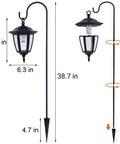 Diagram of solar hanging lights for outdoors, 2 pack with 38 inch shepherd hooks, waterproof garden lanterns, 3000K warm white LED.