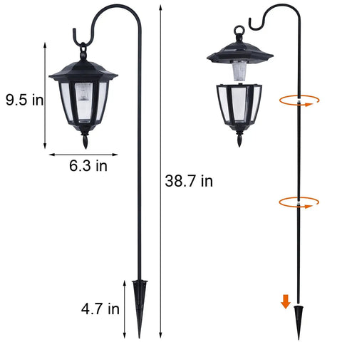 Diagram of solar hanging lights for outdoors, 2 pack with 38 inch shepherd hooks, waterproof garden lanterns, 3000K warm white LED.