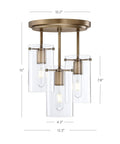 Ophelia 3 Light Semi Flush Ceiling Fixture in Gold Brass with Clear Glass Shades for Hallways Dining Rooms and Bedrooms