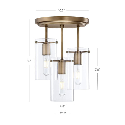 Ophelia 3 Light Semi Flush Ceiling Fixture in Gold Brass with Clear Glass Shades for Hallways Dining Rooms and Bedrooms