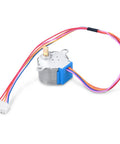 Front view of 28BYJ-48 geared stepper motor with ULN2003 driver wires, 5V, metal body and blue connector housing
