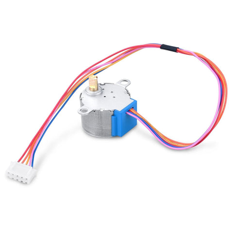 Front view of 28BYJ-48 geared stepper motor with ULN2003 driver wires, 5V, metal body and blue connector housing