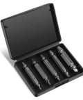 5-Piece HSS Screw Extractor Set For Damaged Screws And Bolts, Pro-Grade Drill Bit Kit With Left-Hand Spiral Flutes in storage case