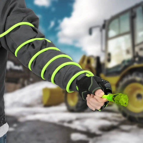 Person holding Heavy Duty Indoor Outdoor Extension Cord 50 Ft 14/3 AWG SJTW With Lighted Plug Go To Workhorse in snowy site