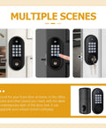Rock Solid Keyless Entry Deadbolt With Backlit Numeric Keypad And Easy Dial In Spy Proof Virtual Code For No Sweat Self Locking Residential Door Security Upgrade displayed on various doors.