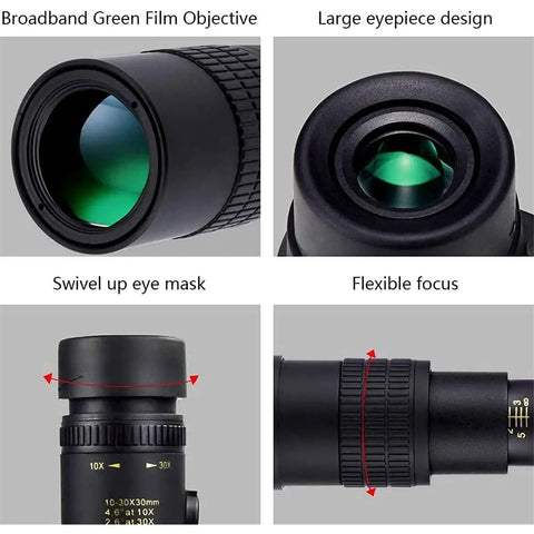 4K 10-300X40mm Monocular Telescope details: broadband green film objective, large eyepiece, swivel eye mask, flexible focus