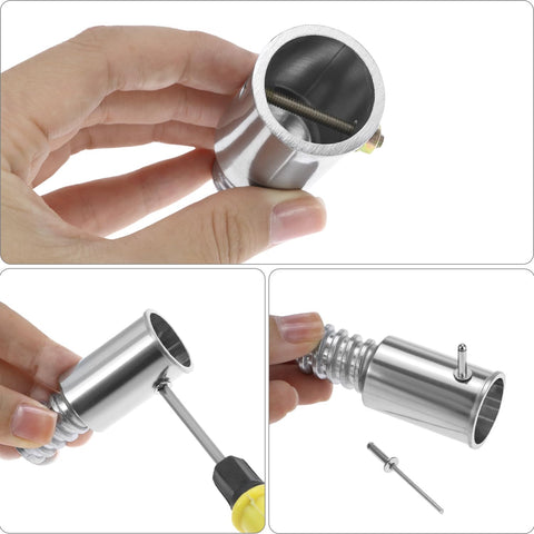 Heavy Duty Aluminum Threaded Tips For Extension Poles And Push Broom Handles, close-up of pole adapter being assembled with a screwdriver