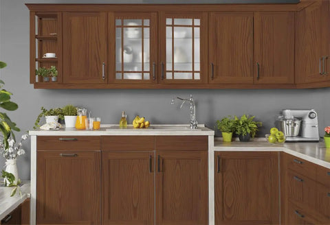 Smooth Operator Liquid Wood Gel Stain covers dark oak kitchen cabinets with modern fixtures and vibrant potted plants.