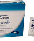 UniShield first aid refill kit: cotton tip applicator jar (100 pcs), eyewash solution box, and sterile eye pads box.