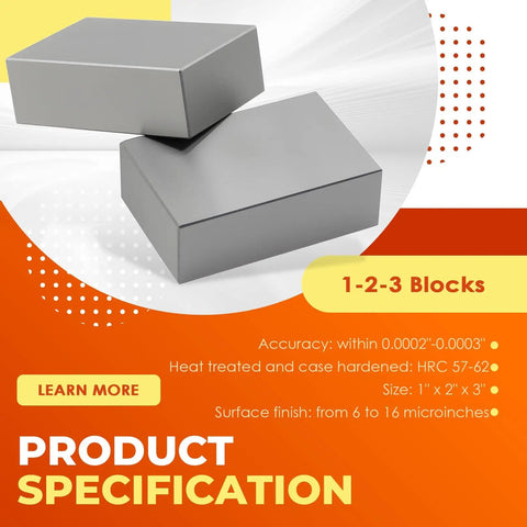 Two Pack Precision 1-2-3 No Hole Blocks In Hardened Steel 0.0002-0.0003 In Tolerance HRC 57-62 All Six Sides Hardened And Ground Cross Drilled For Lightweight Strength Built Tough For Quick Setup And Accurate Machining, 1-2-3 blocks