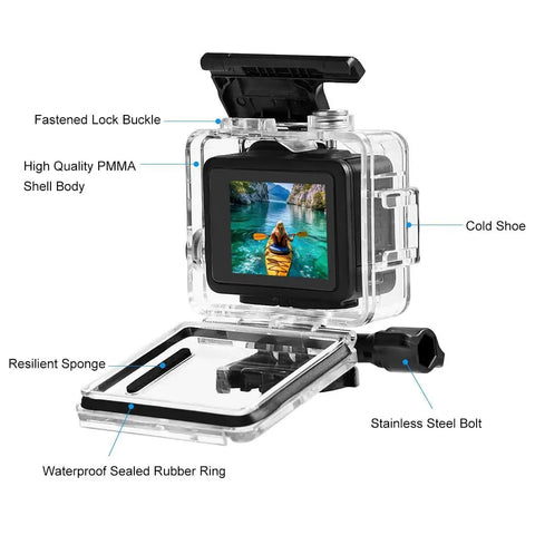 Waterproof Housing Case for GoPro Hero 4K Action Camera With 60m/196ft Depth Rating shown open with seals and accessories.
