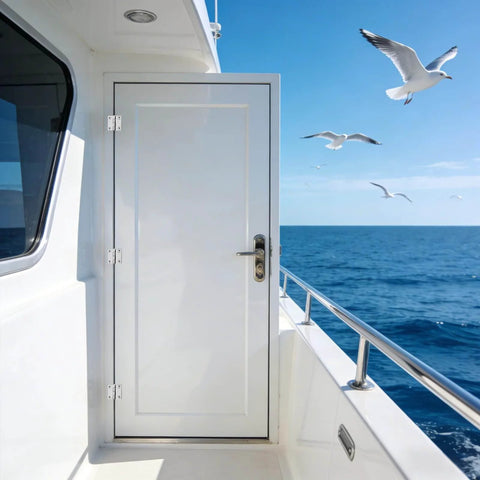 Boat door with heavy duty marine grade 316 stainless steel square hinges, equal sided, 1.5 inch, in a saltwater environment