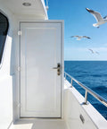 Stainless steel square hinges, 2x2 in, pair, installed on white boat hatch door